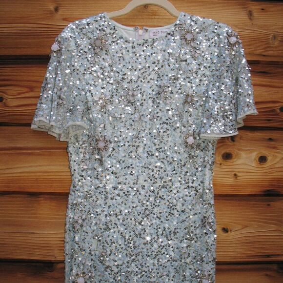 MAC DUGGAL 93932 Blue Flutter Sleeve Sequin High Neck Gown Dress - Picture 7 of 13